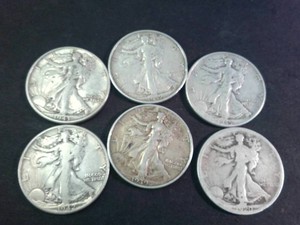 Lot of (6) Mixed years Walking Liberty Half Dollars  (90% Silver content) Circulated Coins