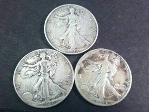 Lot of (3) Mixed years Walking Liberty Half Dollars  (90% Silver content) Circulated Coins