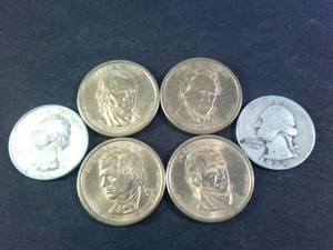 Lot of (5) Former Presidents Portraits  (2) Silver Washington Quarters and (4) $1 Coins