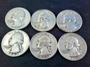 Lot of (6) silver coins Washington Quarters (90% Silver content) Circulated