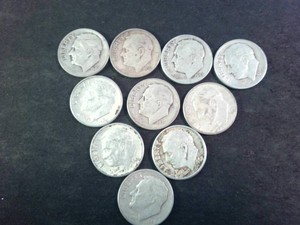 Lot of (10) Roosevelt dimes minted from 1946 - 1964 90% silver and 10% copper