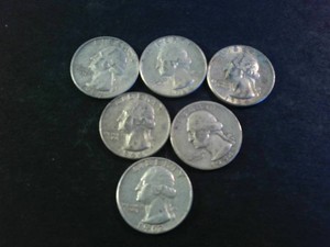Lot of (6) silver coins Washington Quarters (90% Silver content)