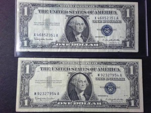 Lot of (2) Vintage Series 1957B $1 Silver Certificates  Classic Blue Seal Legal Tender
