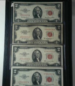 Lot of (4) Vintage Full Series 1953 (a,b,c)  $2 Red Seal Legal Tender Note  Historic Treasury Back