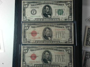 Lot of (3) 1928C 1928F 1928A (Green Seal) includes two Red Seal $5 notes