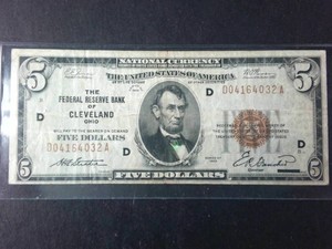 Vintage 1929 $5 Cleveland National Currency Note  Classic Brown Seal (District 4)