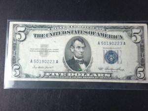 Vintage Series 1953 $5 Blue Seal Silver Certificate  Crisp, Beautiful Mid-Century Currency
