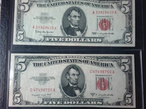 Lot of (2) Vintage Series 1953B $5 Red Seal Legal Tender Note �� Historic Smith-Dillon Issue  1963