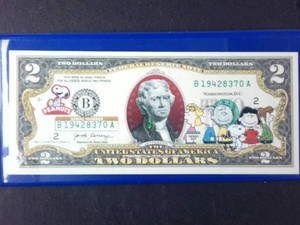 UNC officially licensed, beautifully colorized Series 2017 $2 Bill featuring Charles Schulzs Peanuts