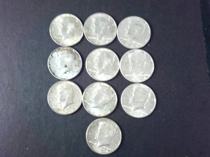 MegaLot of (10) total 1964 Kennedy Half Dollars 90% Silver, Five Dollars Face