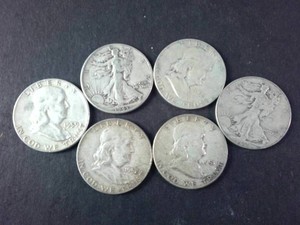 Lot of (6) Pre-1965 90% Silver Half Dollars, Mixed Circulated Lot