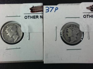 Two mercury dimes in cases  1945 & 1937 (90% silver content)