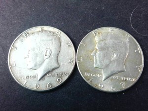 LOT OF (2) 1967 and 1969 40% Silver Kennedy Half Dollars -circulated