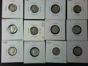 Fine and Very Fine (12) total Mercury Dimes 90% Silver Spanning 42 to 45 D (VF)