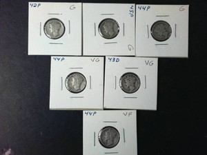 Good to  Very Fine (6) total Mercury Dimes 90% Silver Spanning 1942 to 1945