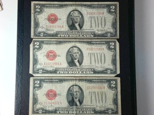 Great lot of (3) 1928 (G&D) Red Seal $2 Circulated Legal Tender Notes
