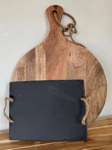 LR - Kirklands Home Natural Wood Kitchen Board with Slate Tray