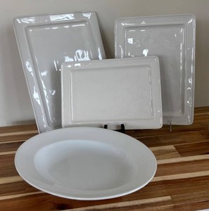 LR - Three Pottery Barn Cambria Handcrafted Stoneware Platters and Bowl by Over and Back