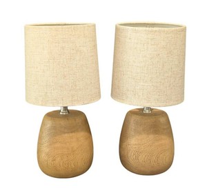 LL - Table Lamps - Pair of Small Wood Base Lamps With Linen Shades