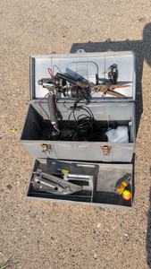 popular mechanics tool box with fishing gear and some tools. two-tier