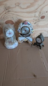 vintage clock lot porcelain pewter glass antique clocks lot of three Sloan Timex