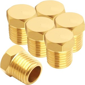 Uenede Brass 14 Inch NPT Male Plug Outer Hex, 6PCS  14 NPT Male Thread Socket Pipe Plugs Fitting End Caps for Water Oil Gas