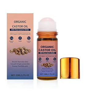 $28 Organic Castor Oil Roll On with Rose Quartz Roller, 100% Castor Oil Organic Cold Pressed, Hexane-Free, for Face and Body, Hair, Eyebrows, Moisturize Skin -1pcs
