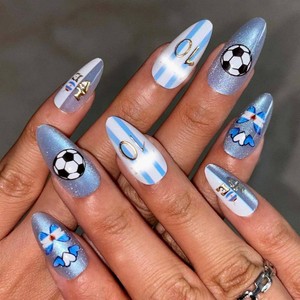 24Pcs World Cup Press on Nails Medium Almond Fake Nails with Soccer Design Glossy Cat Eye Glitter Nails Press on Blue White Striped Glue on Nails Reusable Summer Holiday Acrylic Nail for Women