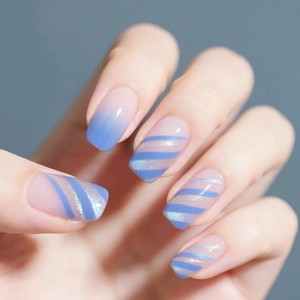 Square Press on Nails Medium Fake Nails with Blue White Lines Designs Glossy Nails Press ons Gradient Glue on Nails Acrylic Artificial Stick on Nails for Women 24Pcs