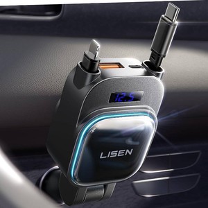 $26 LISEN 96W 4 in 1 Retractable Car Charger with USB C & Lightning Cable for iPhone 17 Pro Max 16 15 14 13 12, Samsung Galaxy S25 S24, Android - Fast Charging Cigarette Lighter Adapter