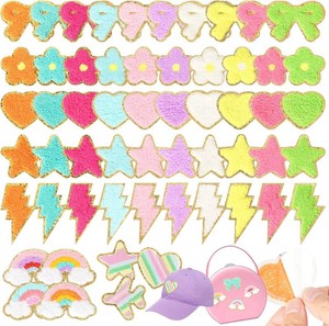 NICEVINYL Self-Adhesive Chenille Patches for Bags 57PCS Multicolor Patch  Flower Star Heart Cute Patch Embroidered Stick on - Lightning Rainbow Sticker Applique for Clothing Fabric Backpack Decor