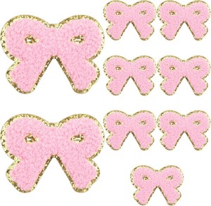 HINZIC 9PCS 2.83 inch Pink Bow Chenille Patches, Self Adhesive Cute Bowknot Embroidered Appliques Stick on Valentines Wedding Christmas Decoration for Hats, Clothing, Backpacks, Jeans