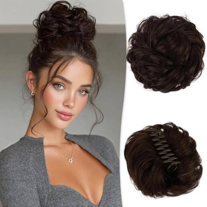 $27 RUWISS Claw Clip Messy Bun Hair Piece 100% Real Human Hair Buns Wavy Curly Chignon Hair Bun Extensions Tousled Updo Hair Buns Claw Clip Ponytail Hairpieces(Dark Brown with 15% Dark Cocoa Blonde)