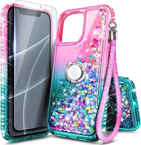 NGB Designed for iPhone 12 Mini Case, Cute Liquid Glitter, PinkAqua  Cute Girly Liquid Glitter Design with Tempered Glass Screen Protector, Ring Holder & Wrist Strap Included