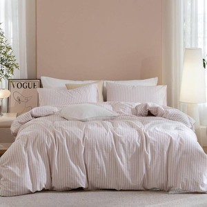 $70 JIYUAN Queen Washed Cotton Duvet Cover Set, 3-Piece, Linen-Like Stripe  Includes 2 Pillowcases, Hidden Zipper & 8 Corner Ties. Naturally Soft, Breathable & Lightweight. Machine Washable.