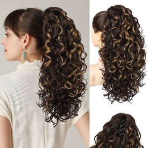 $22 Flufymooz 100  Pure Protein Ponytail Extension, 18 Inch Curly Claw Clip Ponytail Hair Extensions Natural Soft pony tail hairpiece for women-Brown with Deep Blonde Highlight