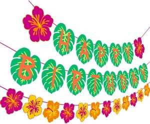 Hawaiian Party Happy Birthday Banner for Tropical Luau Party Palm Leaf Decorations