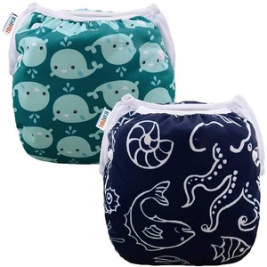 ALVABABY Swim Diapers 2pcs Reusable Baby Boy Swim Diaper 0-8 Months Adjustable Snap Washable Infant Toddler Swimming Diaper for Pool Beach & Swim Lessons   Waterproof PUL Leak-Proof UPF 30 Small Size