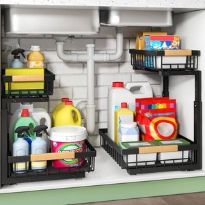 $35 Kitstorack Under Sink Organizer, 2 Tier Under the Sink Storage, Slide out Pull out Cabinet Organizer Shelf, Metal Sliding Drawer for Kitchen Bathroom Pantry Closet Organization Rack, Black, 1 Pack