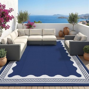 $50 Garvee Outdoor Rug 6x9 Scalloped Waterproof Patio RV Outdoor Rugs Reversible Foldable Plastic Straw Rug Modern Camping Carpet for Deck Camper Porch Balcony Backyard Picnic Beach Dark Blue
