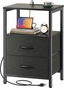 $50 Huuger Nightstand with Charging Station, Side Table with Fabric Drawers  End Table with Open Shelf, Bedside Table with USB Ports and Outlets, Night Stand for Bedroom, Black