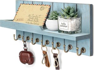 $22 Rebee Vision Key Holder Wall Mount with Shelf for Entryway, Distressed Blue  Key Holder for Wall, Mail Organizer, Floating Shelf, Display Plant, Mail Sorter, Apartment Essential, Decorative Room Accent (one hook is broken off)