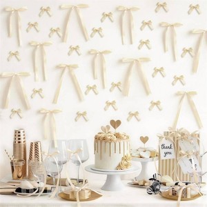 60PCS Beige Bow Birthday Party Decorations, Bow Wall Decor, DIY Ribbon Bows Background Cake Decor for Valentines Day Coquette Birthday Bridal Baby Shower Bachelorette Wedding Party Room Bedroom Decor