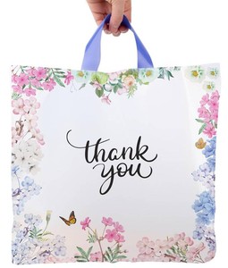 $27 Purple Q Crafts Thank You Bags With Soft Loop Handle for Business Retail, Boutique Bulk 50 Pack 18 W x 18 H Floral Plastic Shopping BagsGift Bags Perfect For Mothers Day