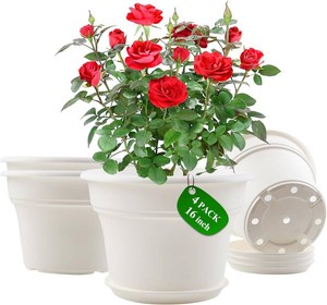 $66 Pottiffe 16 inch Plastic-Flower-Pot-for-Indoor-Plants, 4 Pack Large Outdoor Planter Pot with Drainage Holes & Saucers, Resin Decorative Garden Pots Planters