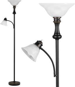 $60 Torchiere Floor Lamp with Adjustable Angle Reading Lamp-Black 71IN  Standing Lamp for Bedroom with Glass Shade, Tall Floor Lamp for Living Room Decor, Office, Corner, Knob Switch, Bulb Included