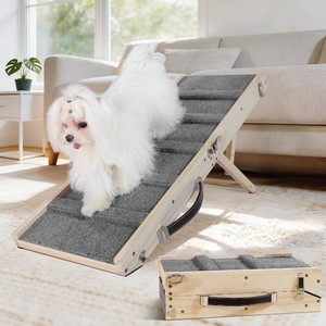 $60 Dog Ramp for Small Dogs Foldable Pet Ramp for Couch Sofa  4 Adjustable Heights 7.48 - 15.35, No Assembly, Non-Slip Carpet, Portable Handle, Natural Wood Frame, Senior Dog Friendly