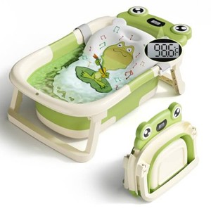 $50 BUNWAG Baby Bathtub, Collapsible Newborn Bathtub for Infant to Toddler with Soft Cushion and Thermometer,Portable Travel Newborn Tub with No-Slip Feet, Baby Shower Gifts, 0-12 Months Baby Bath, Green