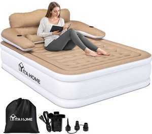 $80 YITAHOME Queen Size Air Mattress with Headboard and Built-in Pump, 18in Blow Up Mattress with Carry Bag, Repair Kit, and Nozzles for Home, Camping, and Travel, Brown