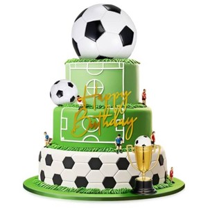 VioraWhite 8 Pcs Large Soccer Ball Cake Toppers, 5 Balls of Different Size  2 Trophies, 1 Happy Birthday Sign for Cake Decoration Sport Theme Party Ceremony